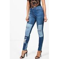 Mid Rise Two Tone Distressed Skinny Jeans - mid blue