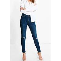 Mid Rise Ripped Knee Skinny Jeans - dark blue