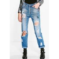 mid rise graffiti ripped boyfriend jeans mid blue