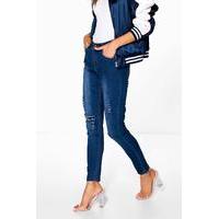 Mid Rise Destroyed Knee Skinny Jeans - blue