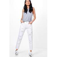 Mid Rise Fray Hem Distressed Jeans - white