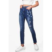 mid rise star embroidery skinny jeans mid blue