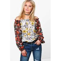 mixed print bardot top multi