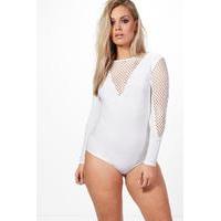 Mia Fishnet Plunge Bodysuit - white