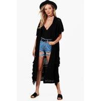 Midi Length Tassel Cape Cardigan - black