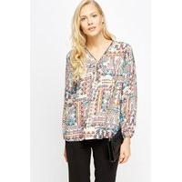 Mix Print Zipped Neck Top