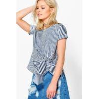 Mixed Stripe Tie Front Shell Top - navy