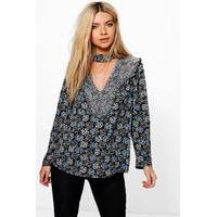 mixed floral print choker blouse multi