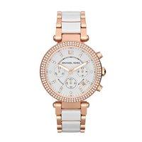 Michael Kors Ladies Parker Chronograph Glitz Rose Gold Plated and White Watch