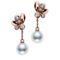 Mikimoto Dandelion 18ct Rose Gold 0.11ct Diamond White Pearl Earrings