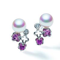 Mikimoto 18ct White Gold 0.07ct Diamond Pink Sapphire Pearl Blossom Earrings