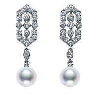 Mikimoto 18ct White Gold 0.36ct Diamond White Pearl Art Deco Drop Earrings
