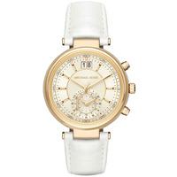 Michael Kors Ladies Sawyer Gold Plated Chronograph White Leather Strap Watch MK2528