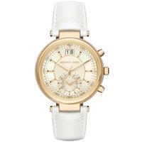 Michael Kors Ladies Sawyer Gold Plated Chronograph White Leather Strap Watch MK2528
