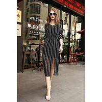 MMLJ Women\'s Going out Casual/Daily A Line DressStriped V Neck Midi Length Sleeve Polyester Chiffon Spring Summer Mid Rise Stretchy Medium