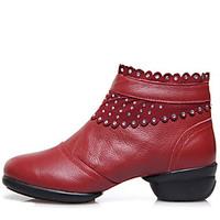 Modern Women\'s Dance Shoes Boots First Layer Leather Breathable Cotton-padded Low Heel Black/Red