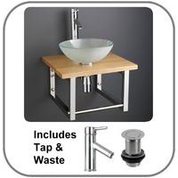 Monza 31cm Round Frosted Washbasin and 45x45cm Solid Oak Shelf Set