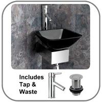 Monza 31cm Square Black Glass Wall Mounted Corner Basin + Stainless Stand Set
