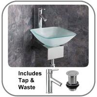 Monza 31cm Corner Mounted Square Frosted Glass Washbasin inc Mount and Tap Set