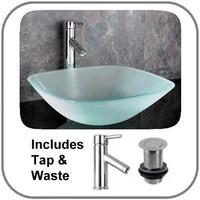 Monza 31cm Square Glass Frosted Washbasin With Tap And Waste Set