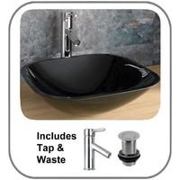 monza black glass 31cm square countertop sink with mixer tap and waste