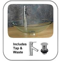 Monza Clear Oval Glass 51cm by 38cm Basin With Single Lever Tap And Waste Set