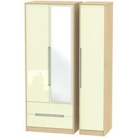 Monaco High Gloss Cream and Light Oak Triple Wardrobe - Tall with 2 Drawer and Mirror