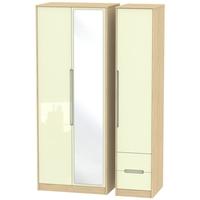 Monaco High Gloss Cream and Light Oak Triple Wardrobe - Tall with Mirror and 2 Drawer