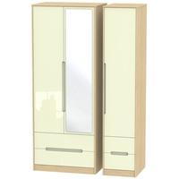 Monaco High Gloss Cream and Light Oak Triple Wardrobe - Tall with Drawer and Mirror