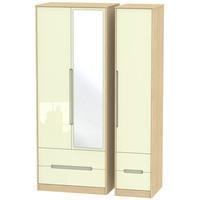 monaco high gloss cream and light oak triple wardrobe tall with drawer ...