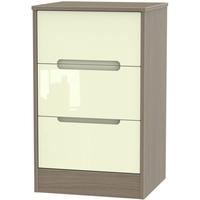 Monaco High Gloss Cream and Toronto Walnut Bedside Cabinet - 3 Drawer Locker