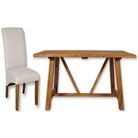 modasa mango wooden trestle dining set 6 fabric chairs