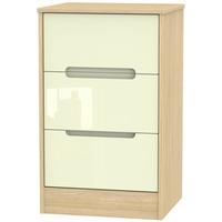 Monaco High Gloss Cream and Light Oak Bedside Cabinet - 3 Drawer Locker