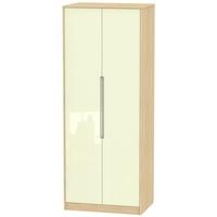 Monaco High Gloss Cream and Light Oak Wardrobe - Tall 2ft 6in with Double Hanging