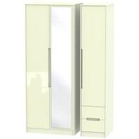 Monaco High Gloss Cream Triple Wardrobe - Tall with Mirror and 2 Drawer