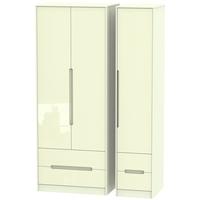 monaco high gloss cream triple wardrobe tall with drawer