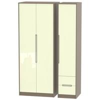 Monaco High Gloss Cream and Toronto Walnut Triple Wardrobe - Tall Plain with 2 Drawer