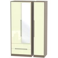 Monaco High Gloss Cream and Toronto Walnut Triple Wardrobe - Tall with 2 Drawer and Mirror