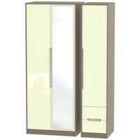 Monaco High Gloss Cream and Toronto Walnut Triple Wardrobe - Tall with Mirror and 2 Drawer