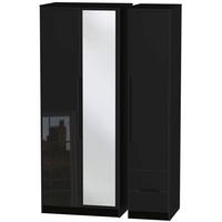 Monaco High Gloss Black Triple Wardrobe - Tall with Mirror and 2 Drawer