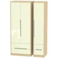 Monaco High Gloss Cream and Light Oak Triple Wardrobe - Tall with Drawer