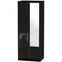 monaco high gloss black wardrobe tall 2ft 6in with 2 drawer and mirror