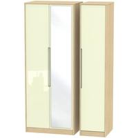 monaco high gloss cream and light oak triple wardrobe tall with mirror