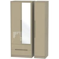 Monaco High Gloss Mushroom and Darkolino Triple Wardrobe - Tall with 2 Drawer and Mirror