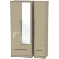 Monaco High Gloss Mushroom and Darkolino Triple Wardrobe - Tall with Drawer and Mirror