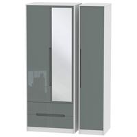 Monaco High Gloss Grey and White Triple Wardrobe - Tall with 2 Drawer and Mirror