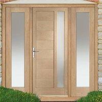 Modena Exterior Oak Door and Frame Set with Two Side Screens and Obscure Double Glazing