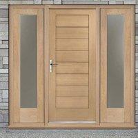 Modena Exterior Flush Oak Door and Frame Set with Two Side Screens and Obscure Double Glazing