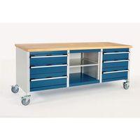 MOBILE HEAVY DUTY STORAGE BENCH WITH 4 x 150 DRAWERS, 2 x 200 DRAWERS AND OPEN SECTION