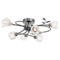 modern 6 arm ceiling light in satin nickel with transparent glass shad ...